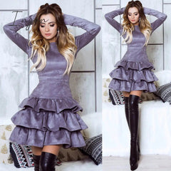 Ingvn - BornToGirl Woman Vintage Dress Spring Autumn Winter Women's Long Sleeve Black Brown Sky Blue Suede Dress robe femme
