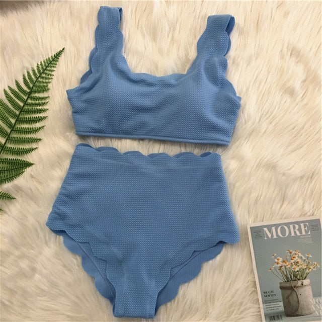 Voguable New Women Swimsuit Scalloped High Waist Bikini Set Solid Two Pieces Plus Size Swimwear Biquini Tankini