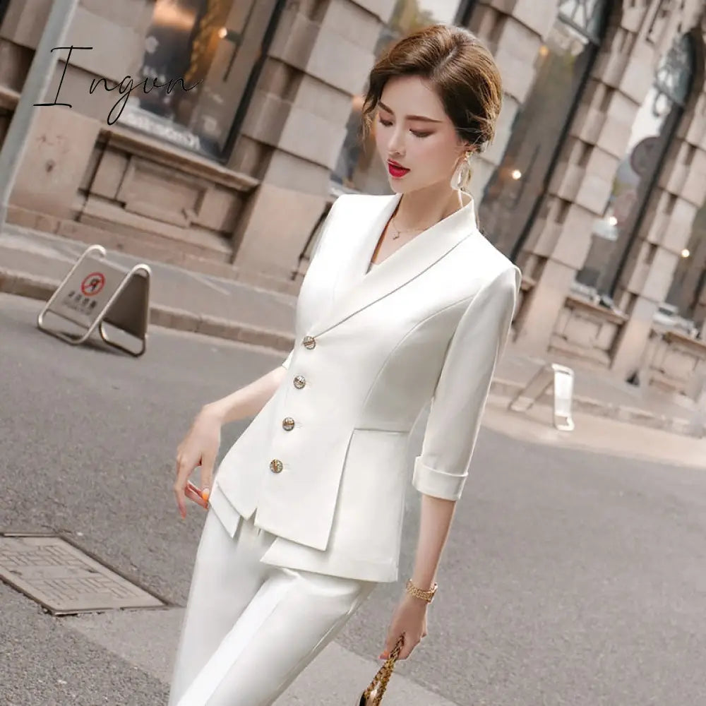 Ingvn - High Quality Casual Women's Suit Pants Two Piece Set  New Summer Elegant Ladies White Blazer Jacket Business Attire