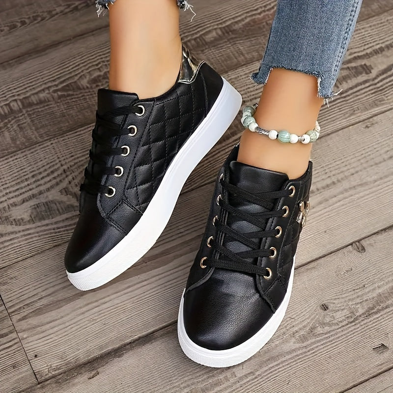 Women's Solid Color Casual Sneakers, Lace Up Platform Soft Sole Quilted Skate Shoes, Low-top Comfort White Shoes