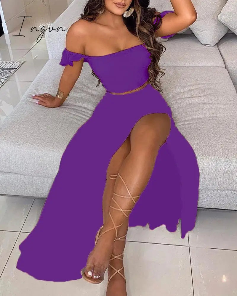 Ingvn - Off Shoulder Women Two Piece Set Sexy Slash Neck Top and Slit Summer Long Party Dress Suits Spring Floral Print Skirts Sets