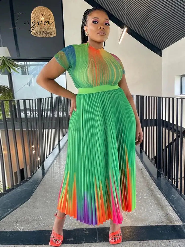 Ingvn - Long Pleated Dress Sets Women 2 Piece Outfits Summer Short Sleeve Gardient Print Swing Skirt Set Elegant Casual 2023 New In