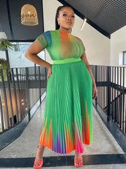 Ingvn - Long Pleated Dress Sets Women 2 Piece Outfits Summer Short Sleeve Gardient Print Swing Skirt Set Elegant Casual 2023 New In
