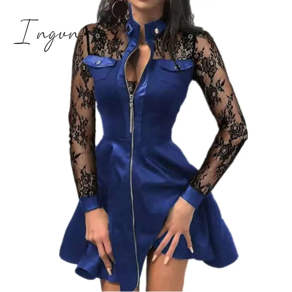 Ingvn - Women Plus Size 5XL Summer Lace Sleeve PU Faux Leather Mini Dress V-Neck Zipper Party Dress Sexy Bodydon Dress