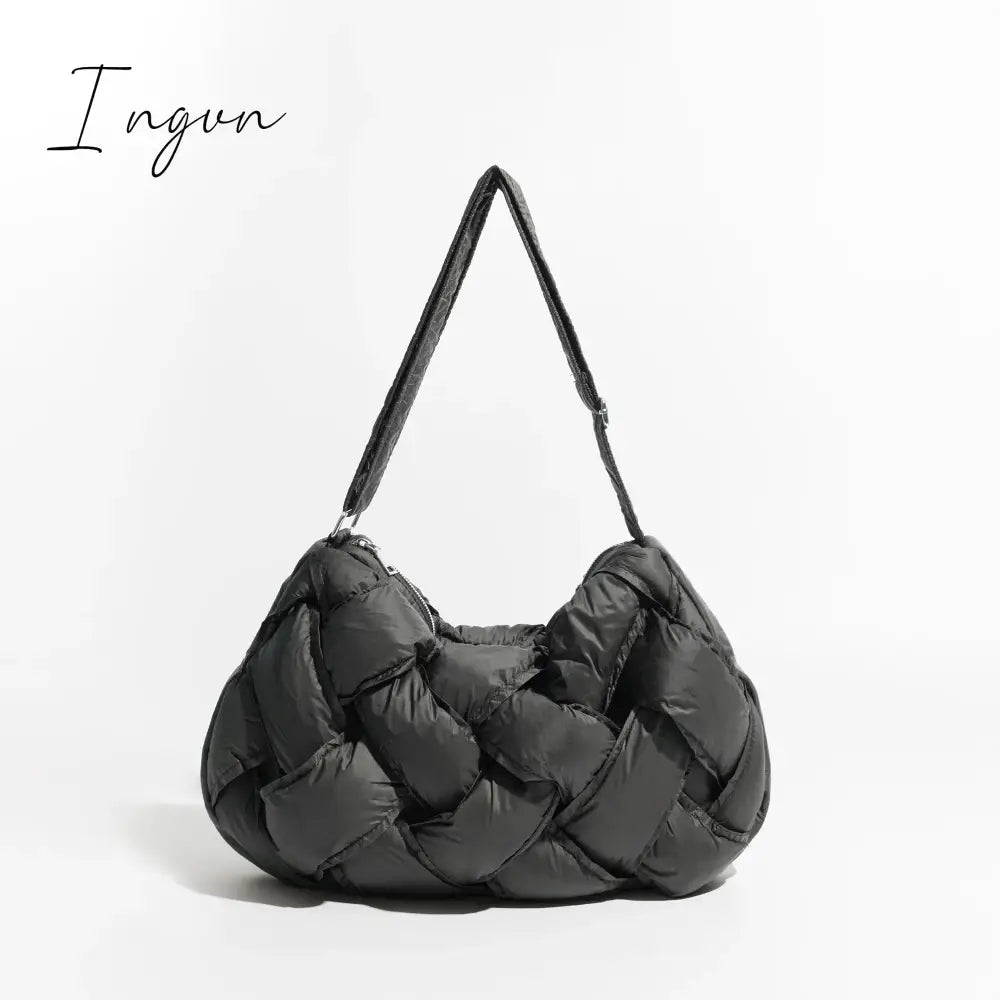 Ingvn - Black Woven Design Padded Shoulder Hobo Bag Cotton Down Crossbody Puffer Purse Big Women Winter Sling Handbag