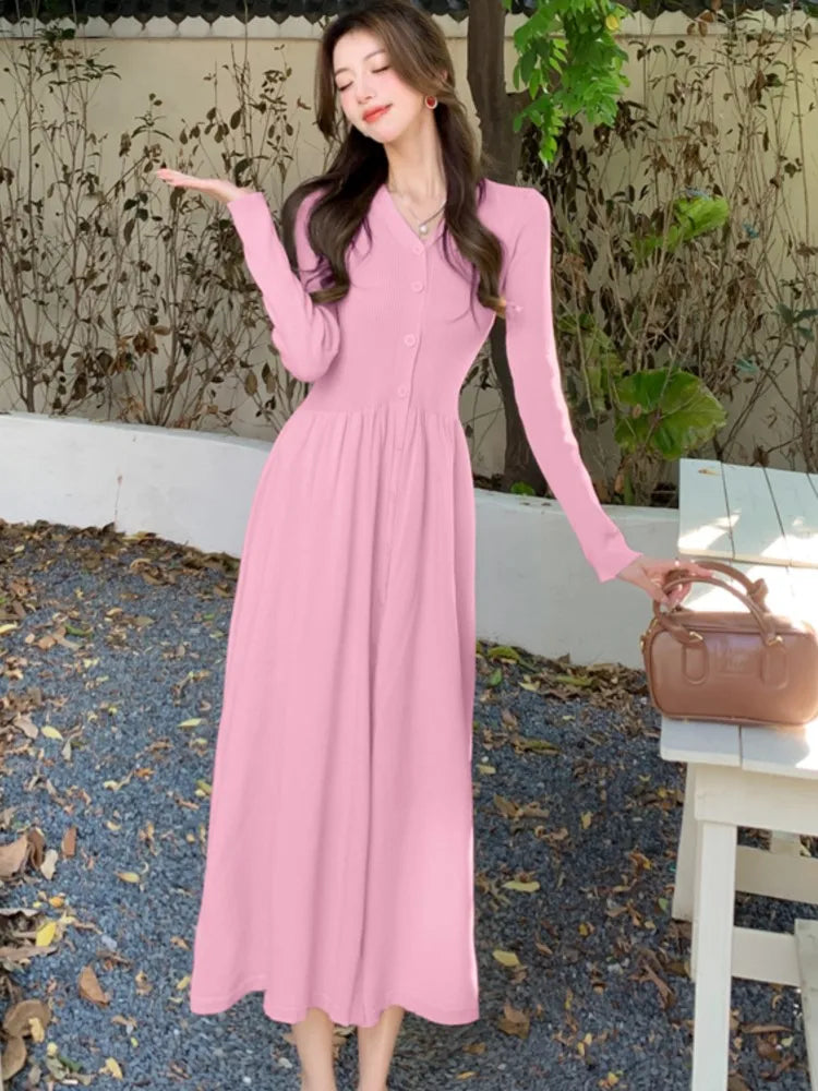 Autumn Vintage Knitted Dress for Women Elegant Single Breasted V-Neck Long Sleeves A-Line Party Dresses Slim Waist Vestidos New