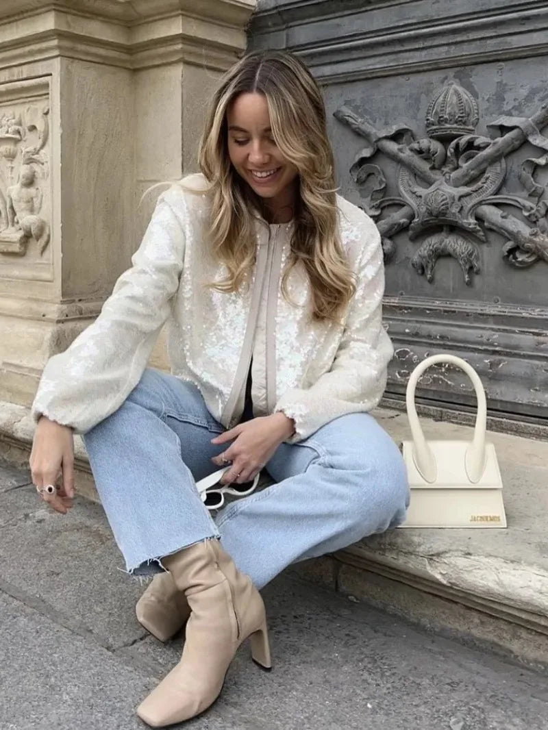 Ingvn  O-neck Sequins Bomber Jackets for Women Autumn Fashion Zip-up Long Sleeve White Coats Streetwear Female Tops Outerwears