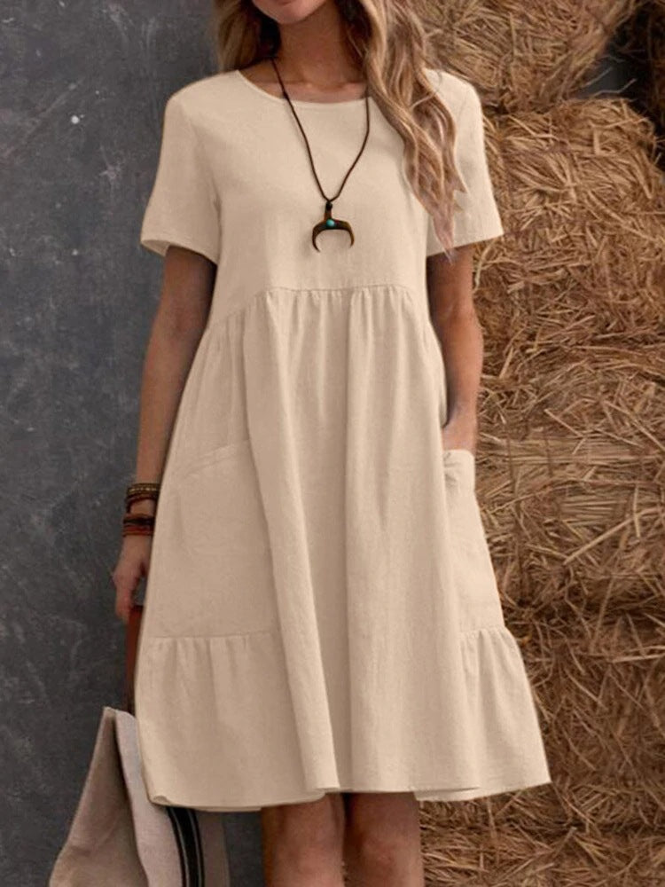 Summer European and American  Station Retro Loose Pocket Solid Color Crewneck Women's Cotton and Linen dress