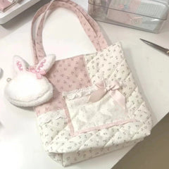 INGVN  Korean Fairy Flower Print Women's Handbags Sweet Y2k Aesthetic Fashion Chic Underarm Bag Contrast Color Kawaii Bow Shoulder Bags