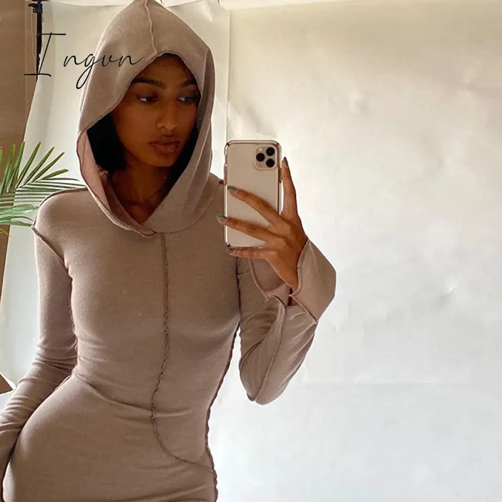 Ingvn - Long Sleeve Hooded Patchwork Skinny Maxi Dress Autumn Winter Women Fashion Streetwear Casual Outfits
