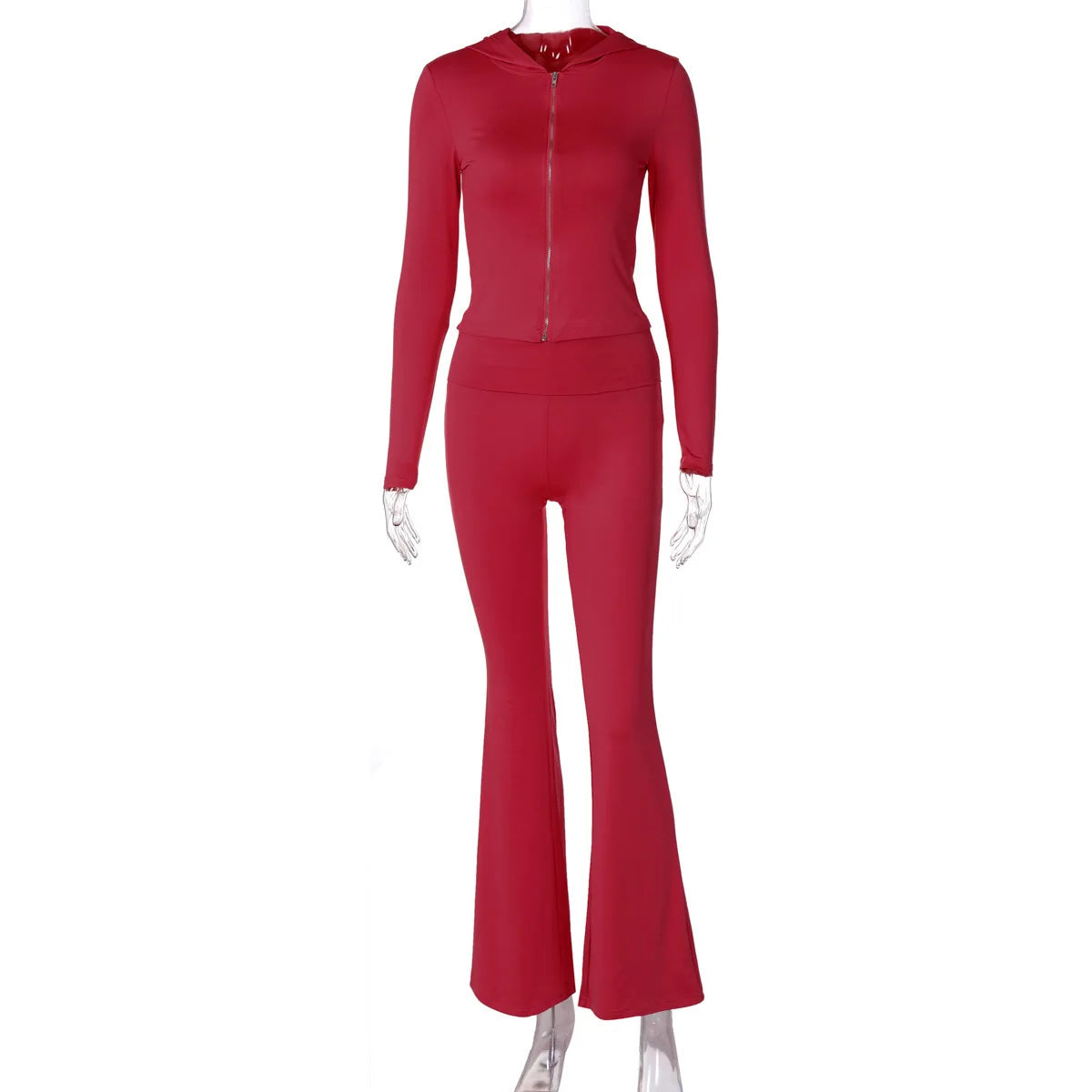 Hooded Top And Trousers Two Piece Sets Women Fashion Zipper Long Sleeve Tops And Flare Pant Female Casual Suit New