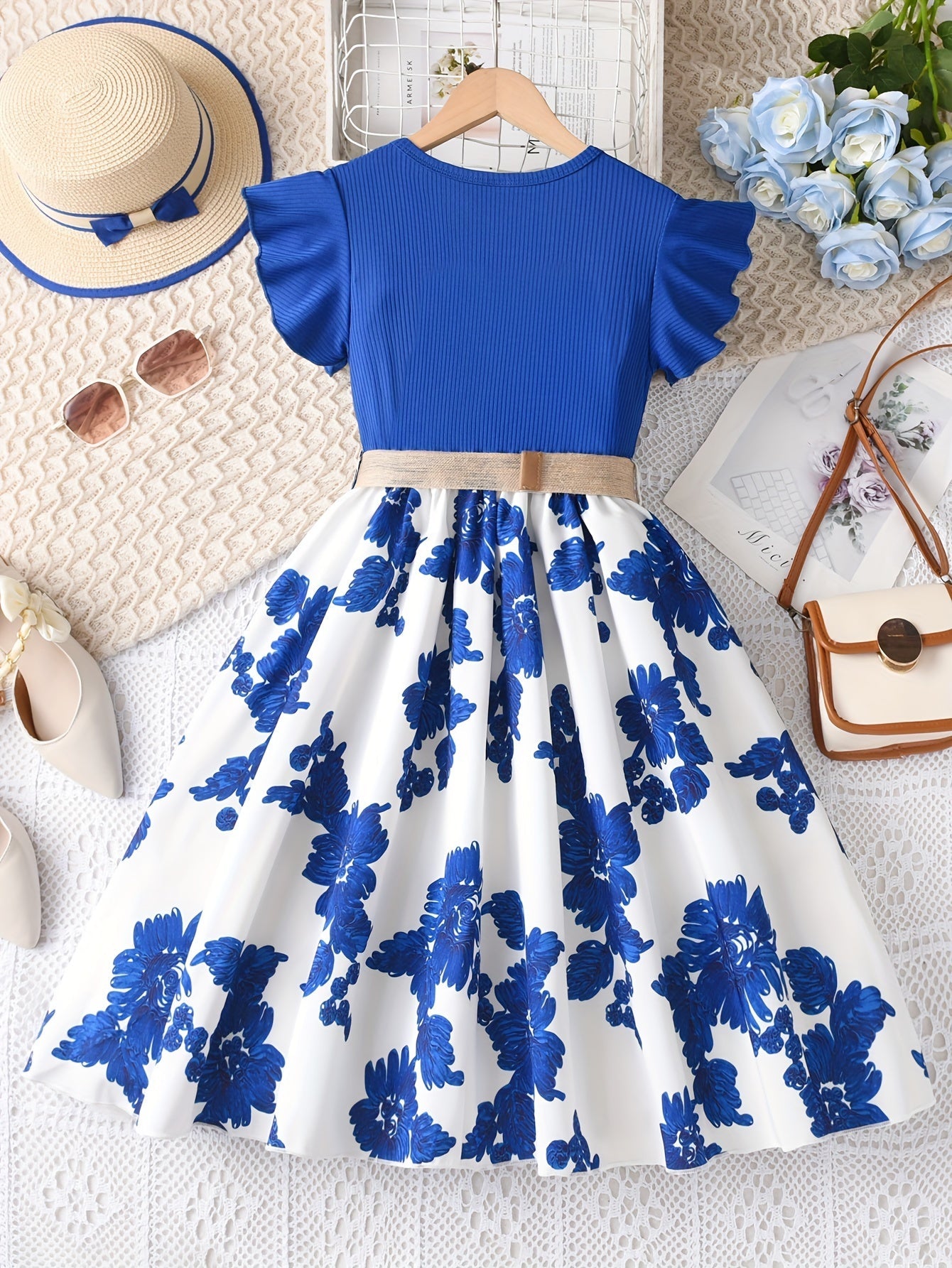 Girls Charming Floral Embroidered Dress - Soft Ribbed Flutter Sleeve - Perfect for Summer Casual Wear