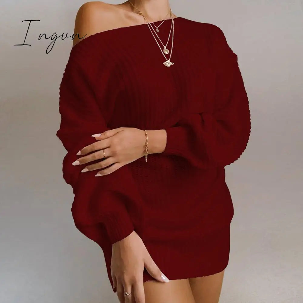 Ingvn - The hottest ladies casual off-shoulder lantern sleeve knitted sweater dress