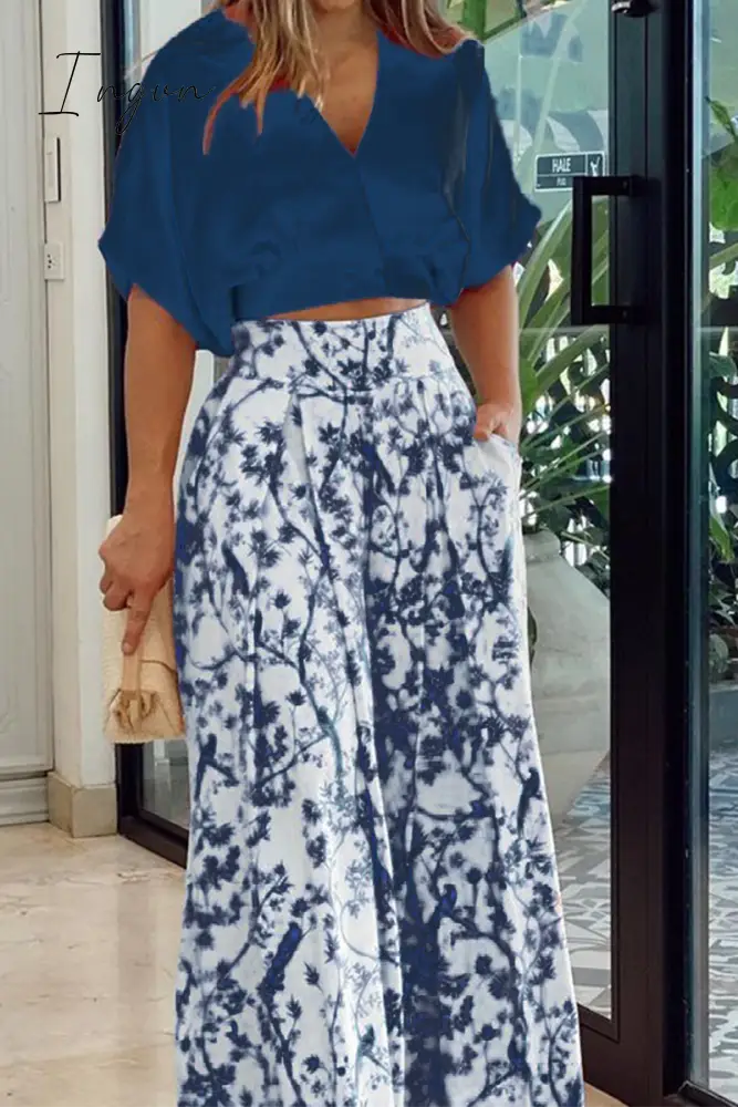 Ingvn - Fashion Print Split Joint V Neck Short Sleeve Two Pieces(4 colors)