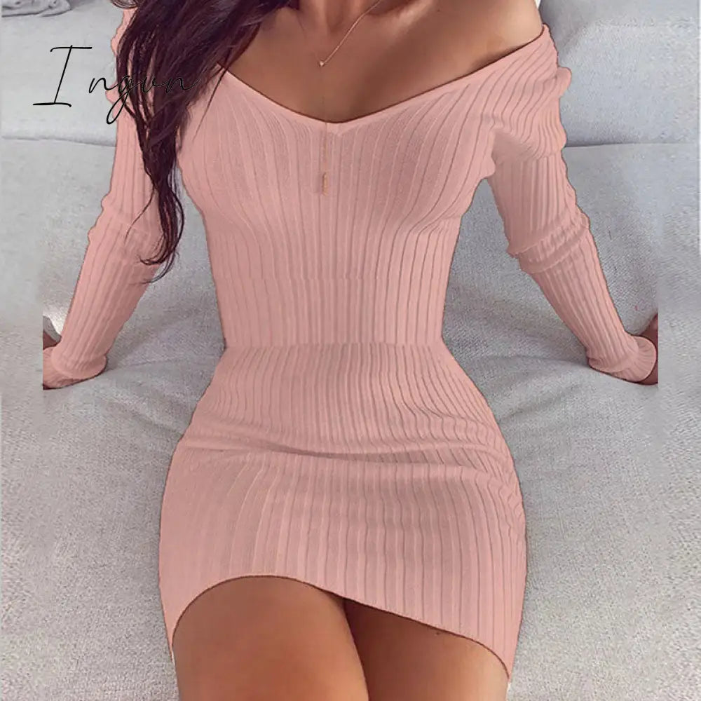 Ingvn - Sexy Club Off Shoulder Long Sleeve Bodycon Dress For Women Winter White Knitted Sweater Mini Woman Dresses Robe Femme