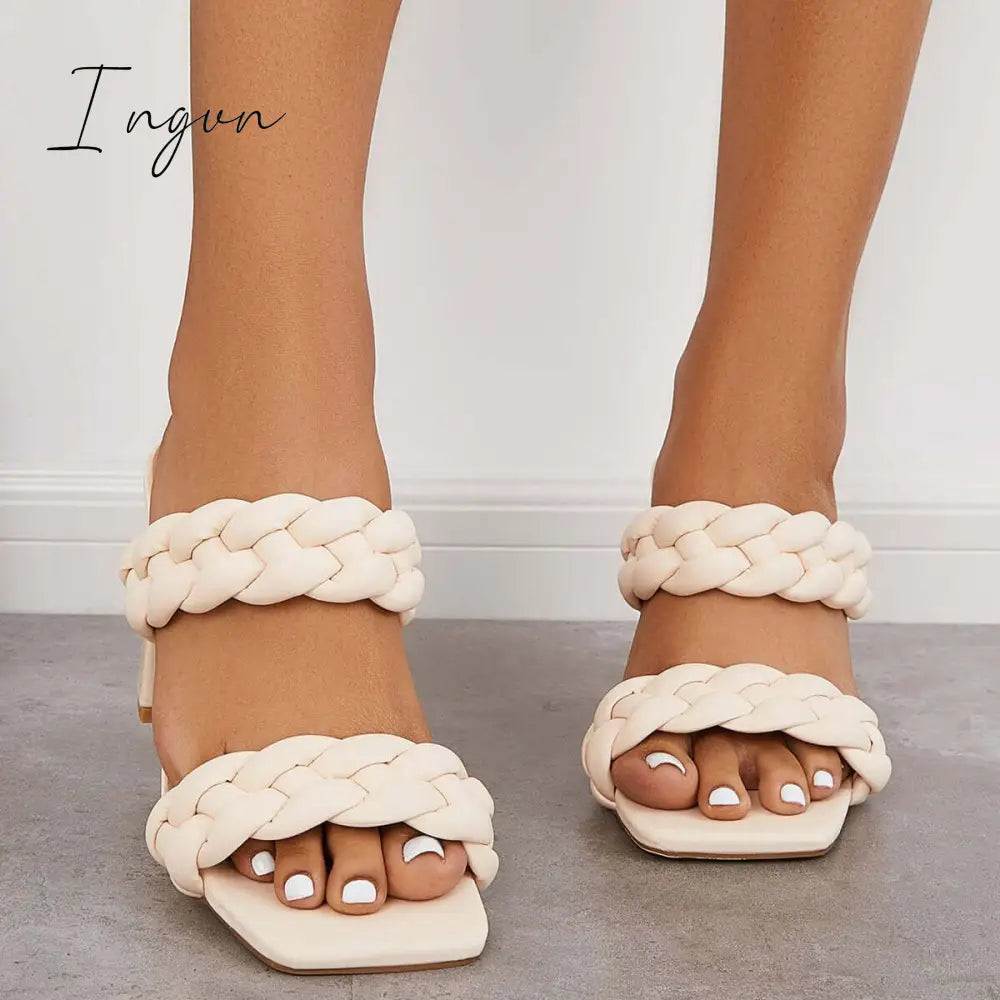 Ingvn - Square Toe Block High Heels Backless Slip on Mule Sandals