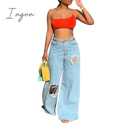 Ingvn - Front Ripped Frayed Hem Wide Leg Denim Trousers