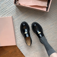 Cowhide version ~ grape mother with gas small gold coin pointed round head thick heel pedal loafers women's thick-soled small leather shoes