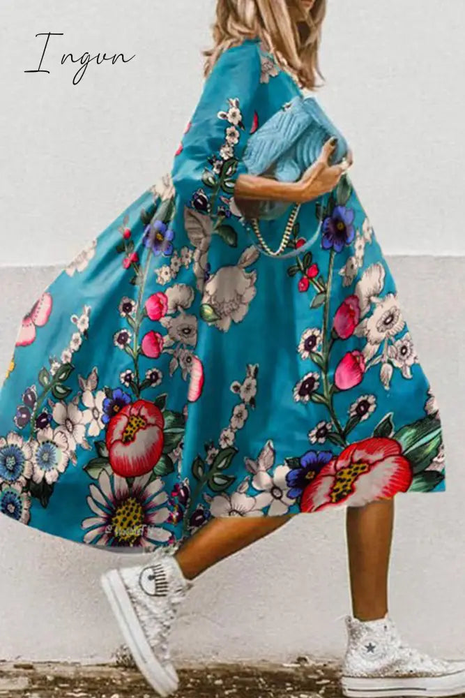 Ingvn - Casual Print Patchwork Turndown Collar Cake Skirt Dresses(11 Colors)