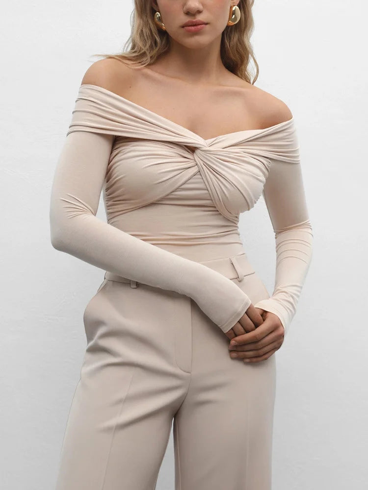 Summer Off-Shoulder Sexy T-shirt Top Women's Pleated Long Sleeve Inner V-Neck White Slim Twist Cropped Pullover Female Tee
