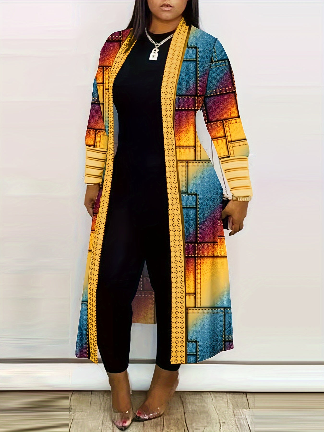 Long Sleeve Colorblock Geometric Print Casual Open Front Cardigan, Women's Clothing