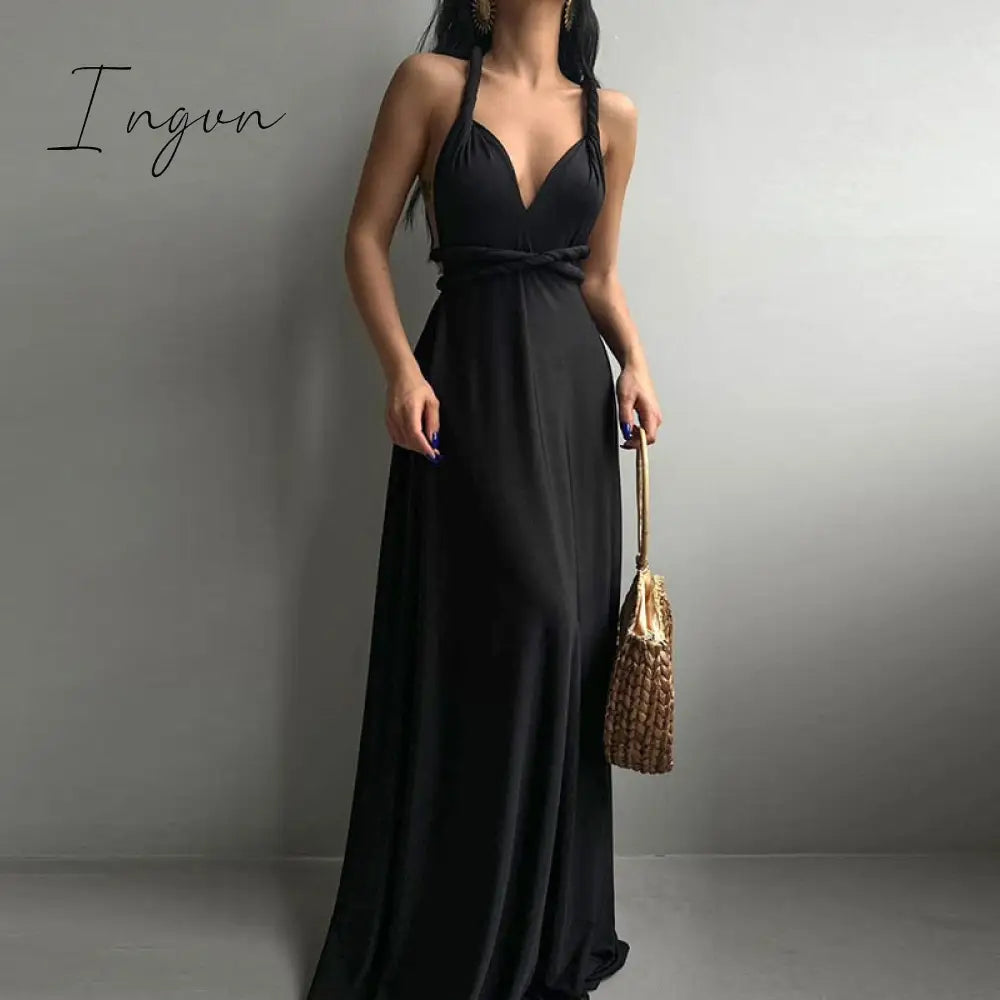 Ingvn - Elegant Women Backless Deep V-neck Summer Sundress Solid Cocktail Female Dress Sexy Draped Twisted Sling Off Shoulder Dresses