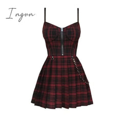 Ingvn - Ruibbit Spring Autumn Preppy style Gothic Girls Sexy Sling Dress Red Balck Pleated Plaid  Women Sleeveless Mini Short Dresses