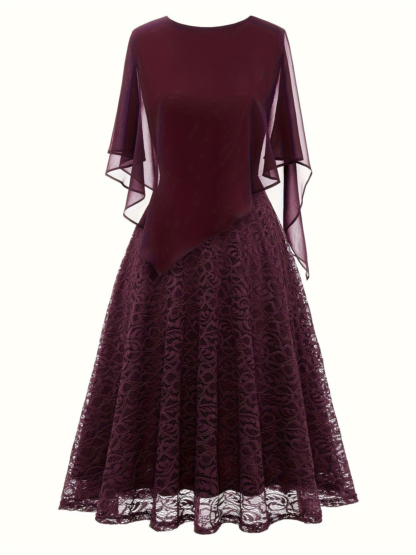 Solid Lace Chiffon Maxi Dress, Elegant Short Sleeve Dress For Wedding Party, Women's Clothing