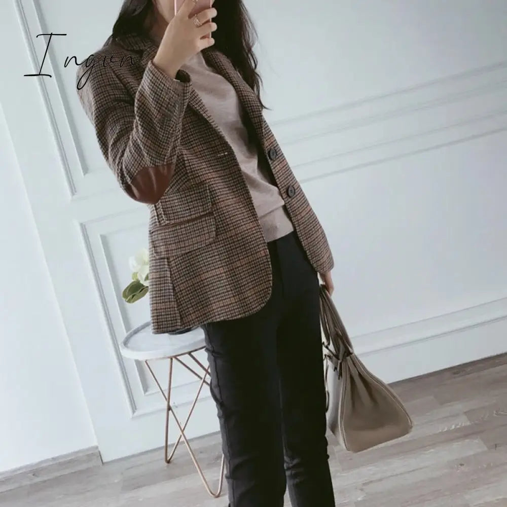 Ingvn - New Fashion Business Interview Plaid Suits Women Work Office Ladies Long Sleeve Vintage Blazer