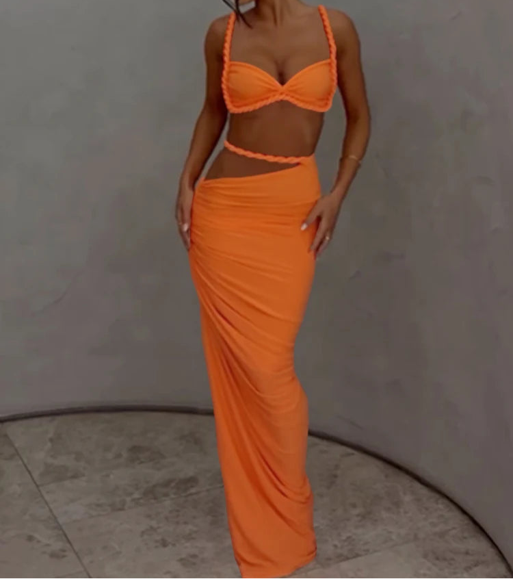 Woven Sexy Women 2 Piece Set Stunning Hot Solid Pleated Crop Camisoles+High Waist Maxi Skirts Female Trend Vacation Outfit