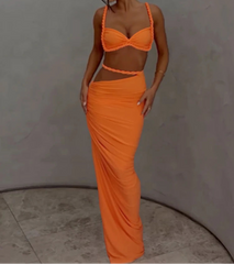 Woven Sexy Women 2 Piece Set Stunning Hot Solid Pleated Crop Camisoles+High Waist Maxi Skirts Female Trend Vacation Outfit