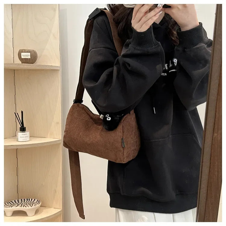 Ingvn  Solid Color Women's Corduroy Shoulder Bag Large Capacity Female Crossbody Bags Simple Design Ladies Casual Tote Purse Handbags