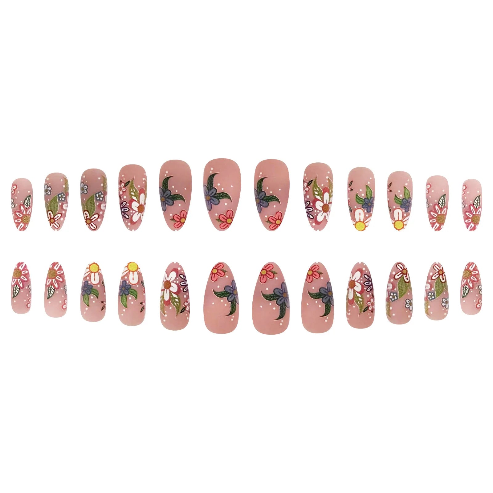 24pcs Spring/Summer Flowers Fake Nail Colorful flower Pattern False Nails Full Cover Wearable Sweet Korean Almond Press On Nails