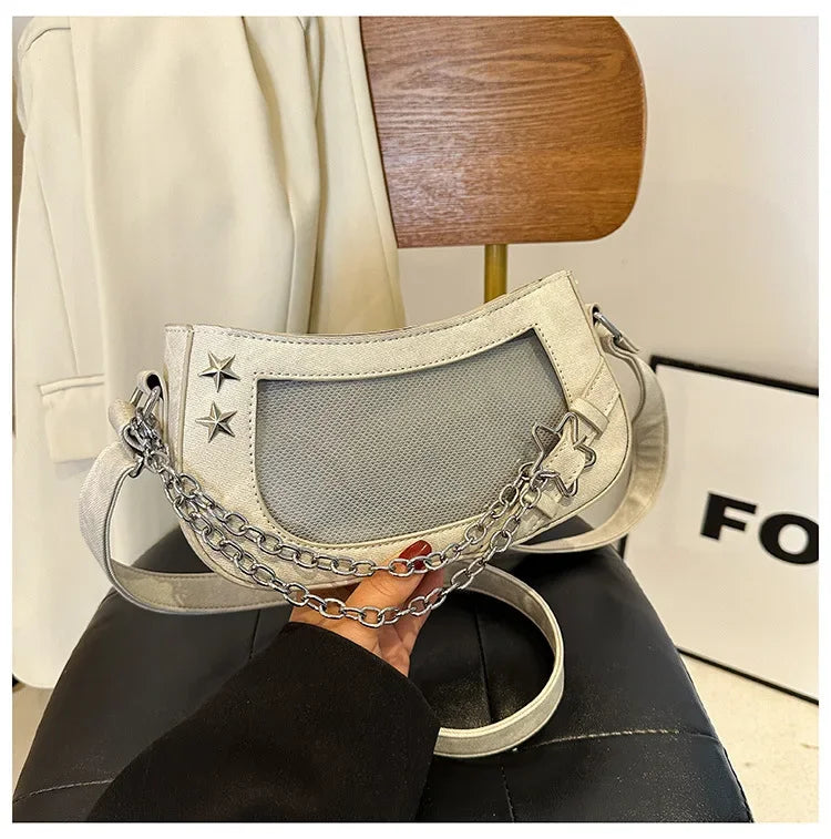 Ingvn  Laser Silver Shoulder Bag for Women Designer Casual Fashion Transparent Lolita Ita Bag Jk All-match Chain Y2k New Handbag