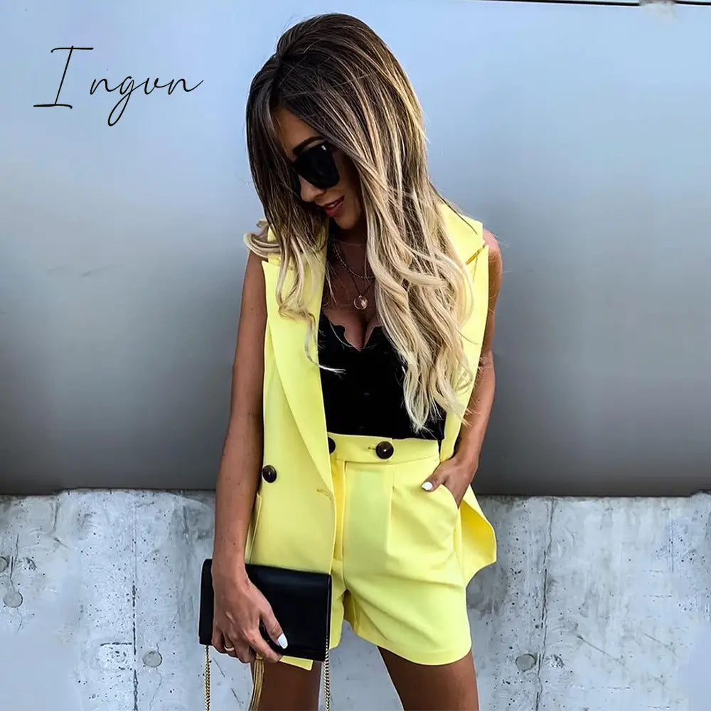 Ingvn - Women Sleeveless plaid button up elastic waist Blazer Top and pocket short Set Elegant Office Ladies Suits Women Workwear