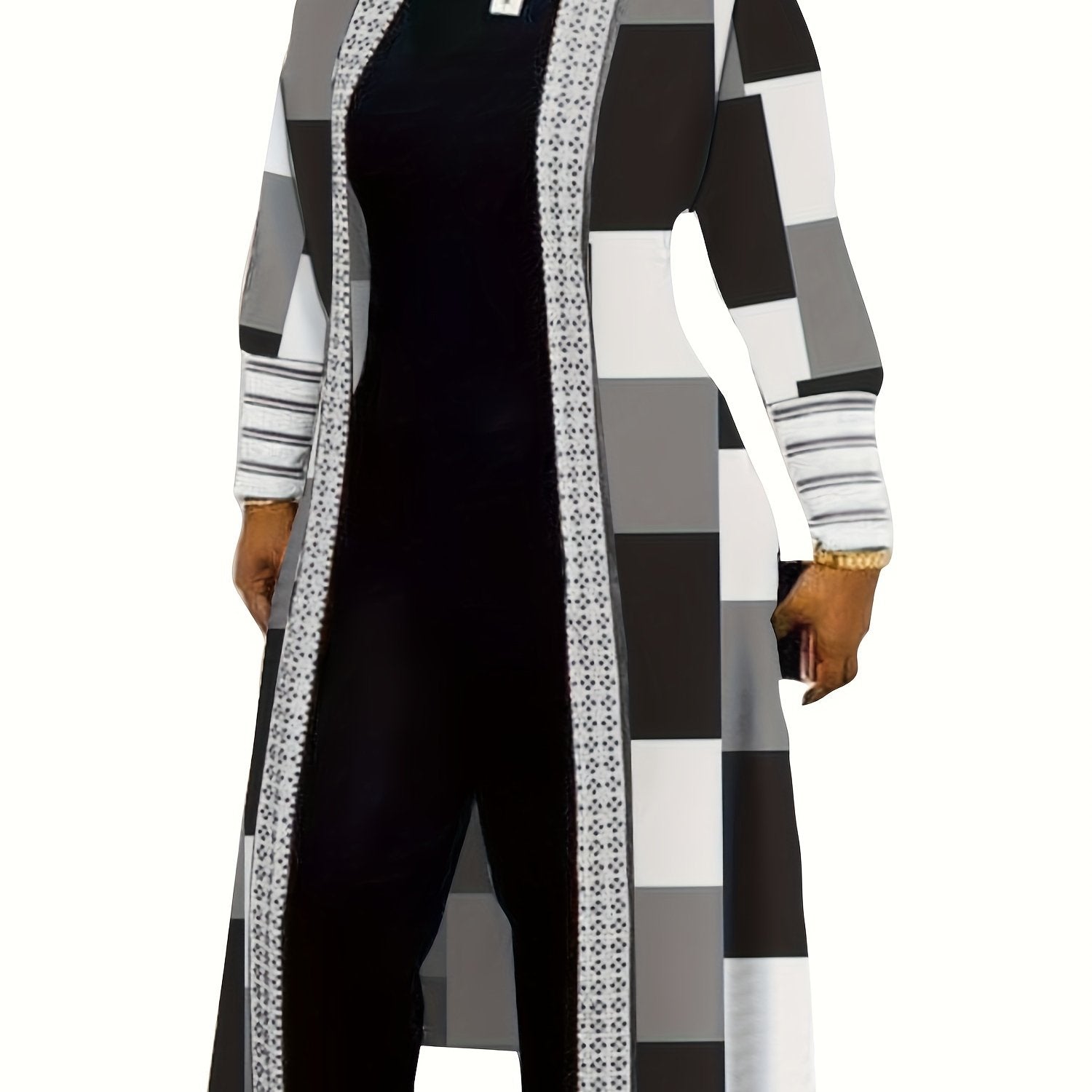Long Sleeve Colorblock Geometric Print Casual Open Front Cardigan, Women's Clothing