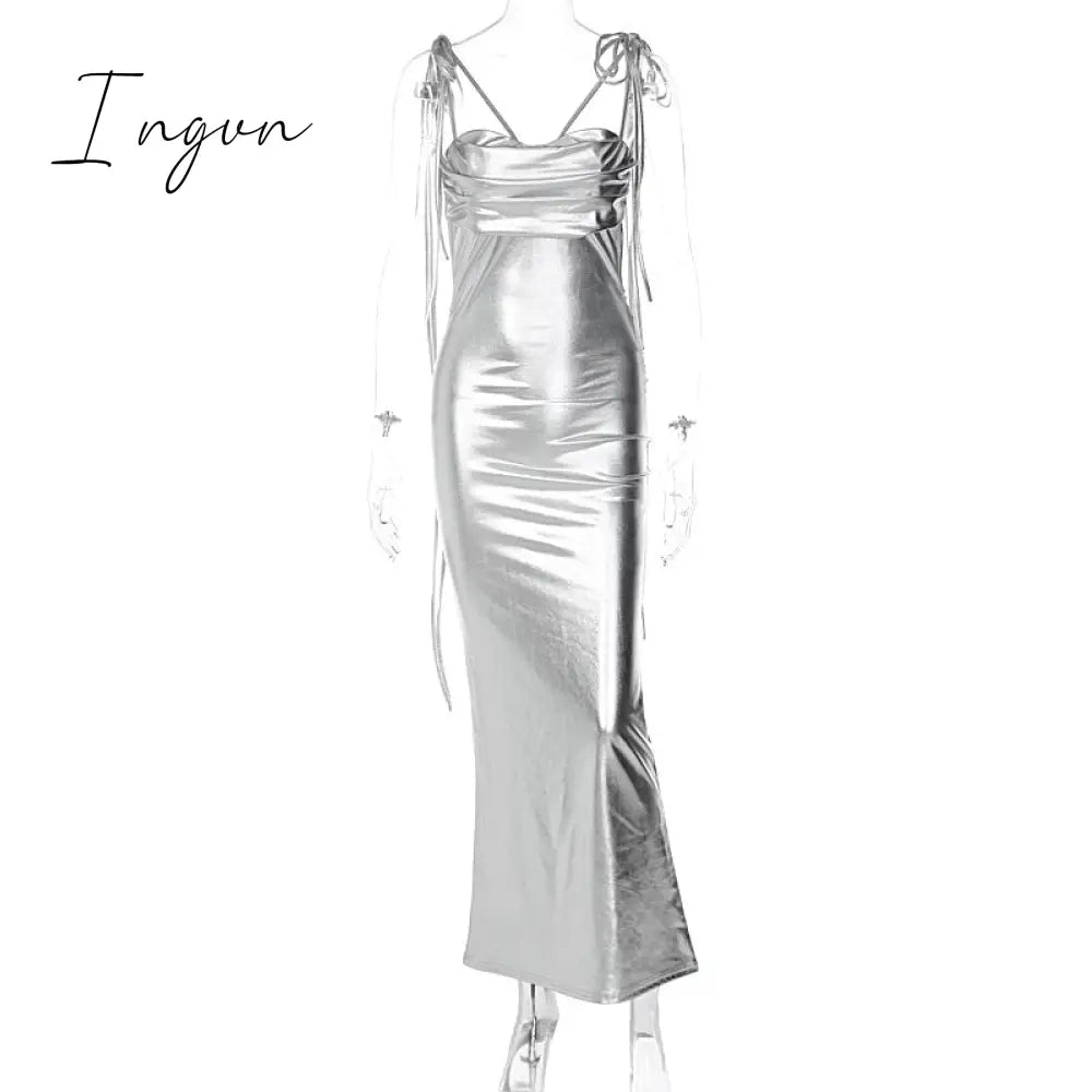 Ingvn - Women Sexy Spaghetti Strap Gold Midi Dress Fashion Wrap Chest Slim Backless Dresses 2023 Summer Party Club Bodycon Vestidos