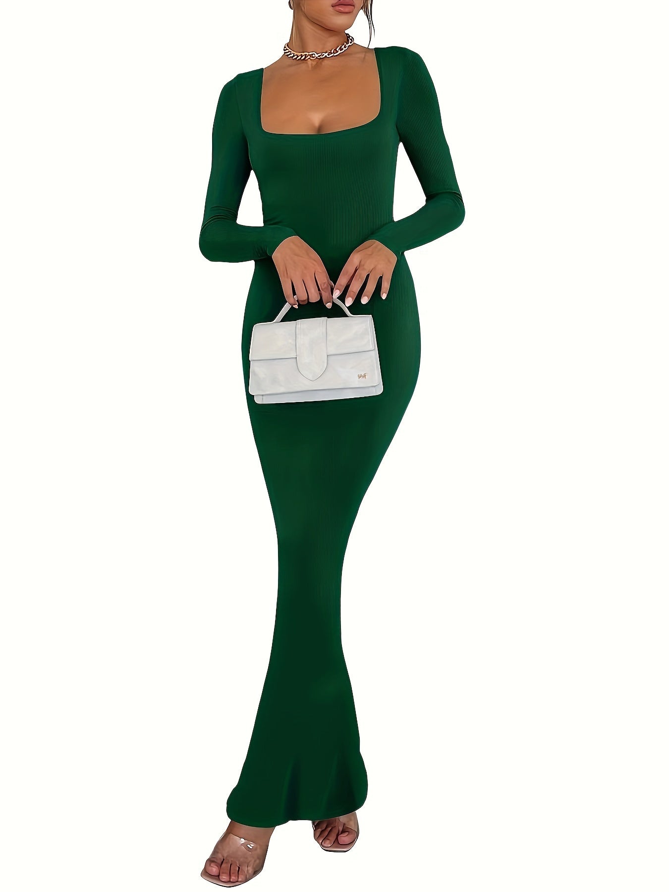 Sexy Bodycon Maxi Dresses Long Sleeve Wedding Guest Long Dress Casual Rib Knit Scoop Neck Fall Dress