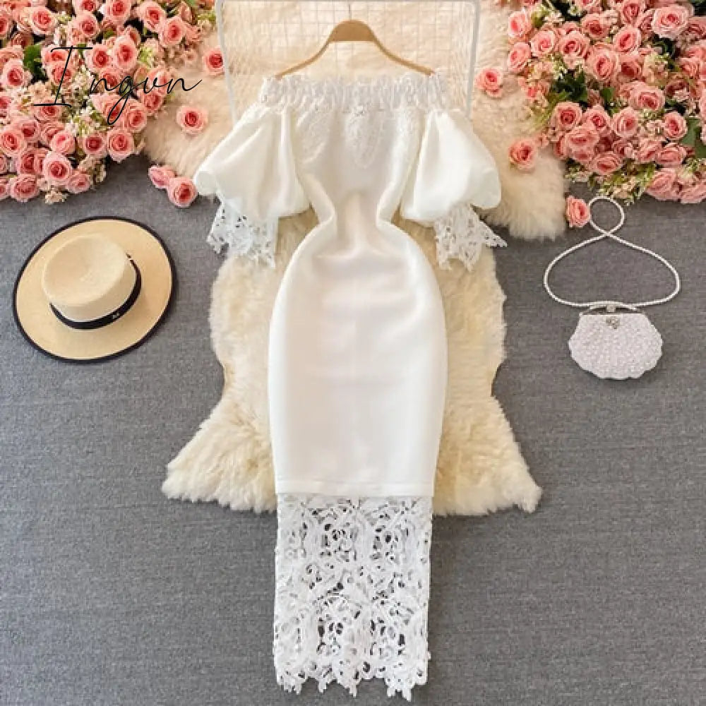Ingvn - Sexy Hollow Out Lace Bodycon Long Dress Women Elegant Red/Pink/White Off Shoulder Patchwork Maxi Party Vestidos Autumn New