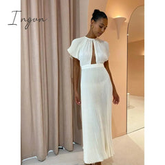 Ingvn - Casual Hollow Out Pleated Dress For Women Fashion Flare Sleeve Backless A Line Dresses Spring summer O Neck Office Lady dress