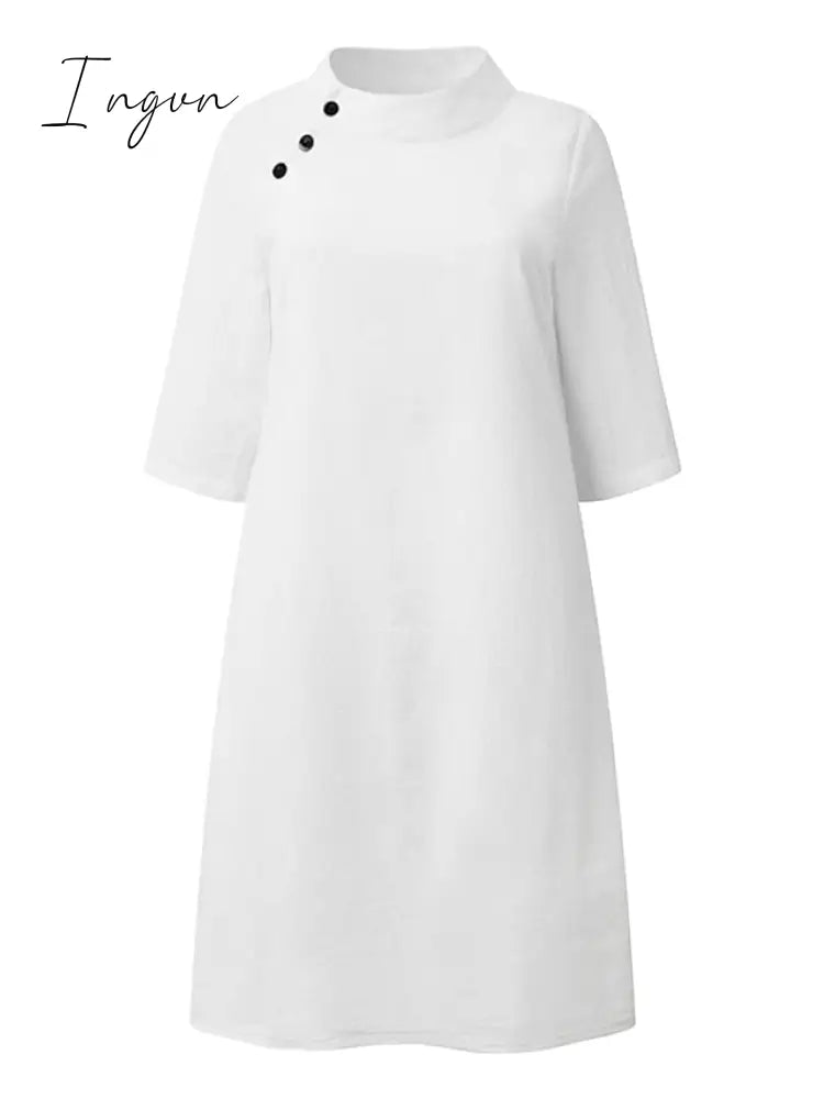 Ingvn - Women's Cotton Linen Dress Casual Dress Shift Dress Midi Dress Cotton Blend Fashion Basic Outdoor Daily Vacation Stand Collar Button Half Sleeve Summer Spring 2023 Black White Blue Plain S M L