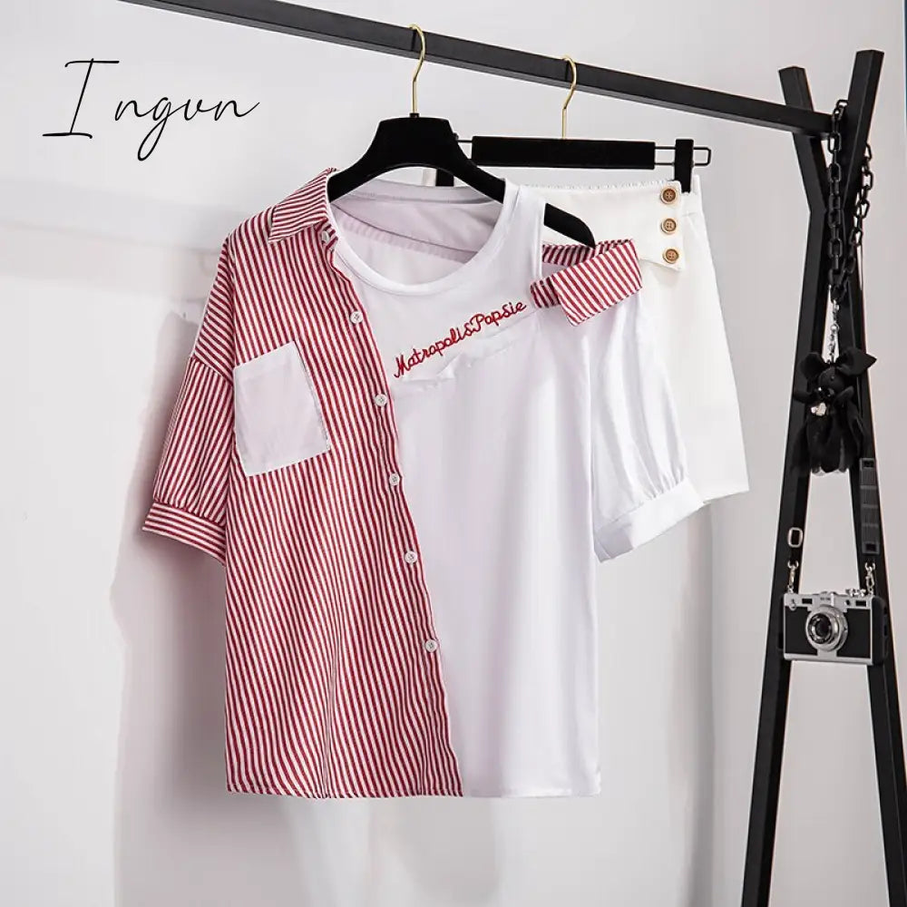 Ingvn - 2 pieces shorts sets summer Sweet Korean off shoulder striped patchwork tops and shorts 2 pieces sets women two pieces outfits