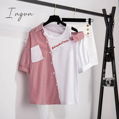 Ingvn - 2 pieces shorts sets summer Sweet Korean off shoulder striped patchwork tops and shorts 2 pieces sets women two pieces outfits