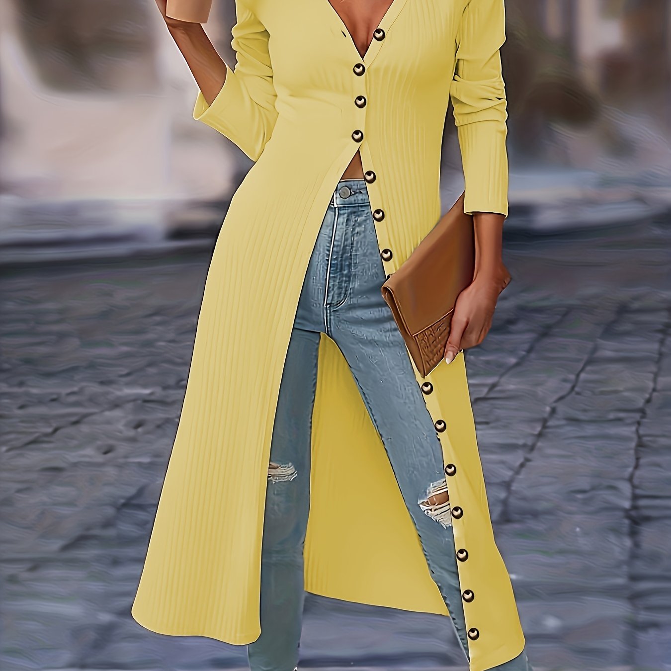 Womens Chic Solid Knit Cardigan - Soft Button Down, Long Sleeve, Slim Fit, Long Length - Perfect for Layering, Elegant Casual Wear