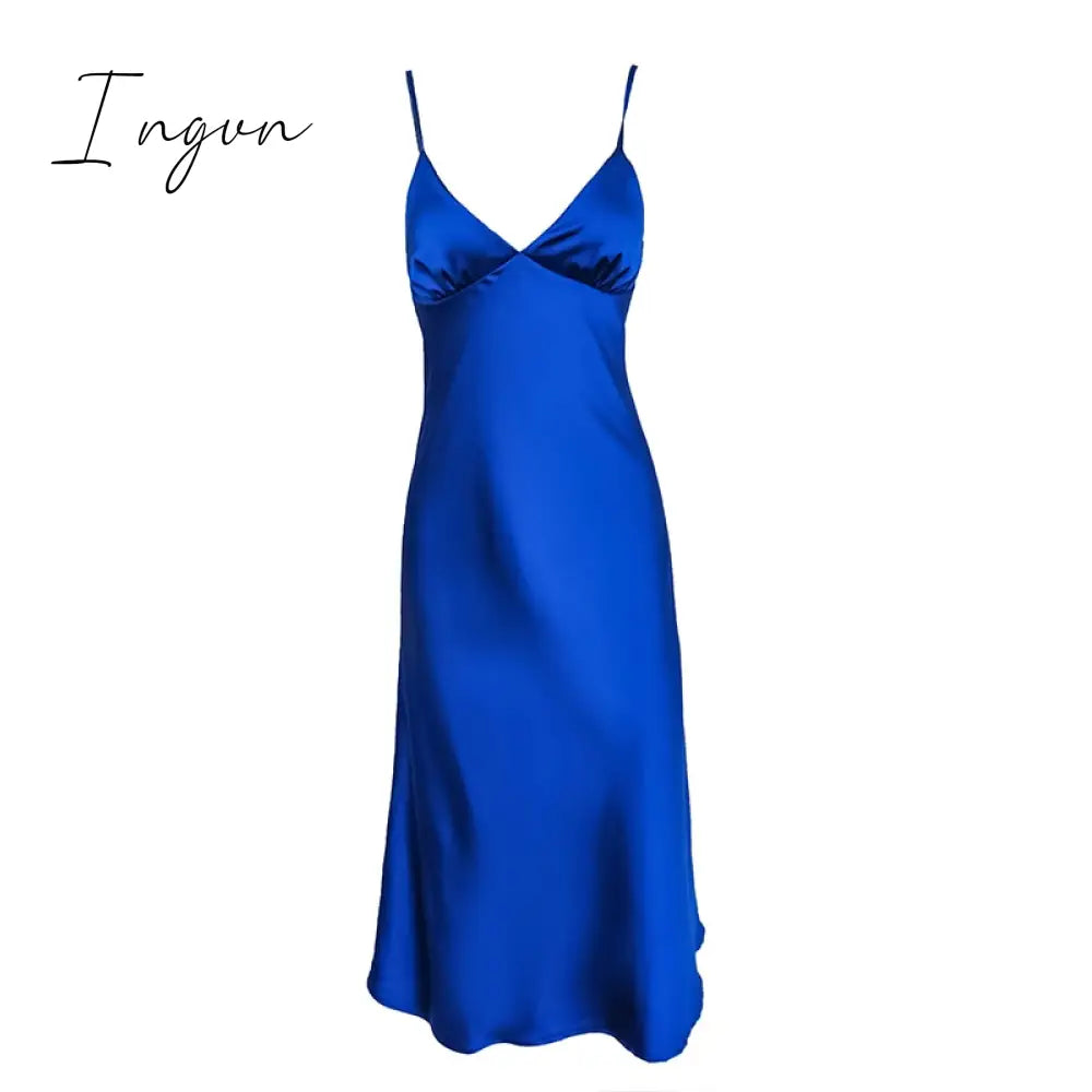 Ingvn - Women Satin Deep V Neck Sexy Dress Solid Straight Pajamas Party Dress Elegant Female Summer Spaghetti Strap Dress Casual