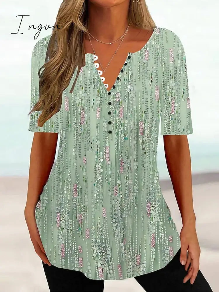 Ingvn - Women's T shirt Tee Grass Green Light Green Red Floral Button Print Short Sleeve Holiday Weekend Tunic Basic Round Neck Regular Floral Painting S