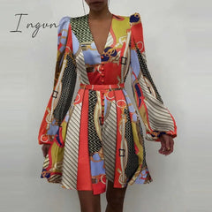 Ingvn - Trends high quality Spring New Women Sexy V Neck Letters Print Fashion Short Dresses Casual Satin Slim Lantern Sleeves Zipper Elegant Party Vestidos