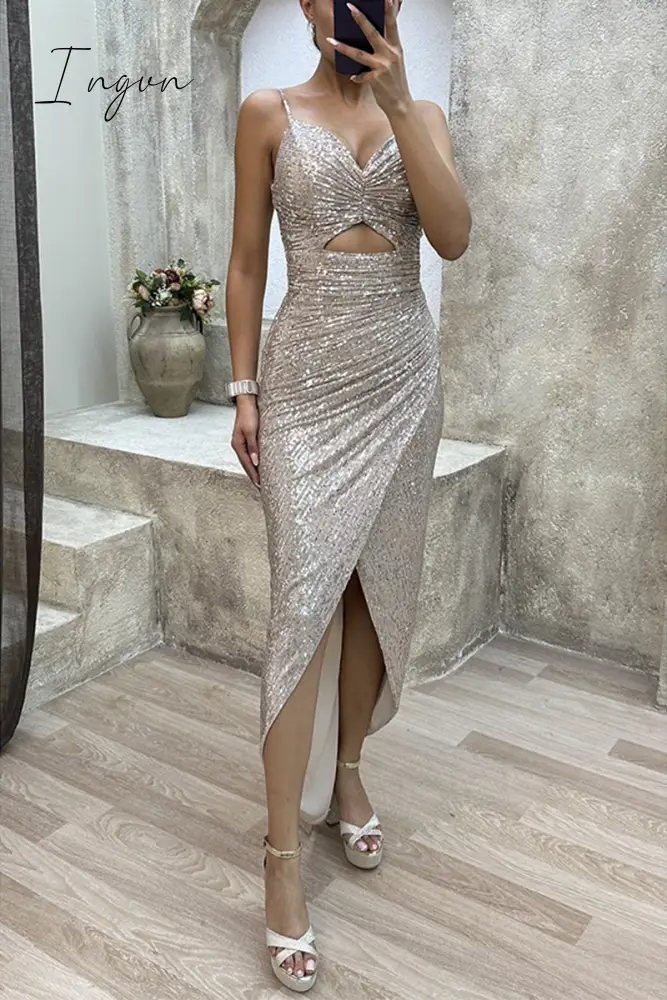 Ingvn - Sexy Party Solid Sequins Sequined V Neck Irregular Dress Dresses