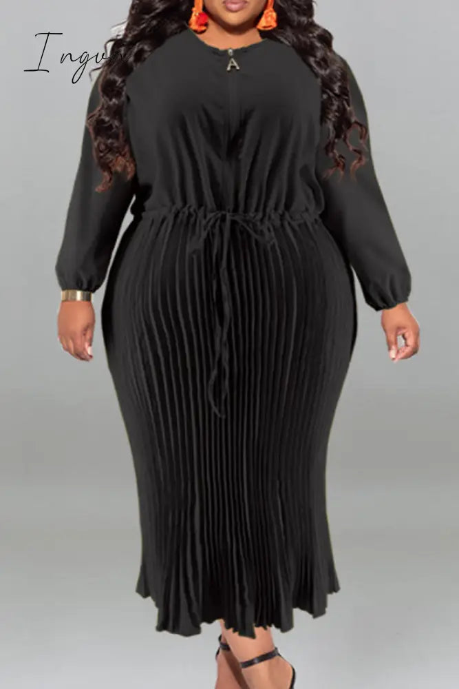 Ingvn - Gold Casual Street Solid Patchwork Draw String Zipper Pleated O Neck Long Sleeve Plus Size Dresses