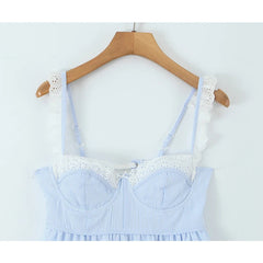 Women Lace Spliced Blue Striped Sling Short Dress Sexy Backless Bandage High Waist A-line Casual Summer Dresses